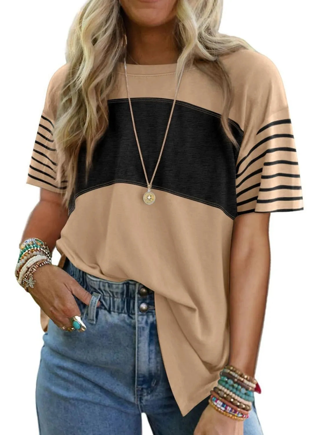 Color Block Striped Sleeve Casual T-Shirt
