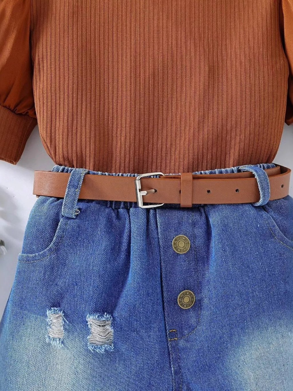 Children's Puff Sleeve Top and Denim Shorts Set