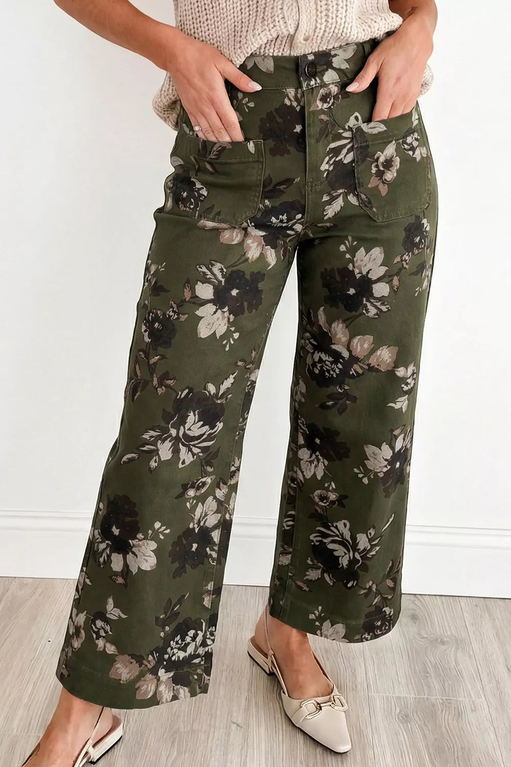 Vintage Style Floral Print High Waist Wide Leg Jeans