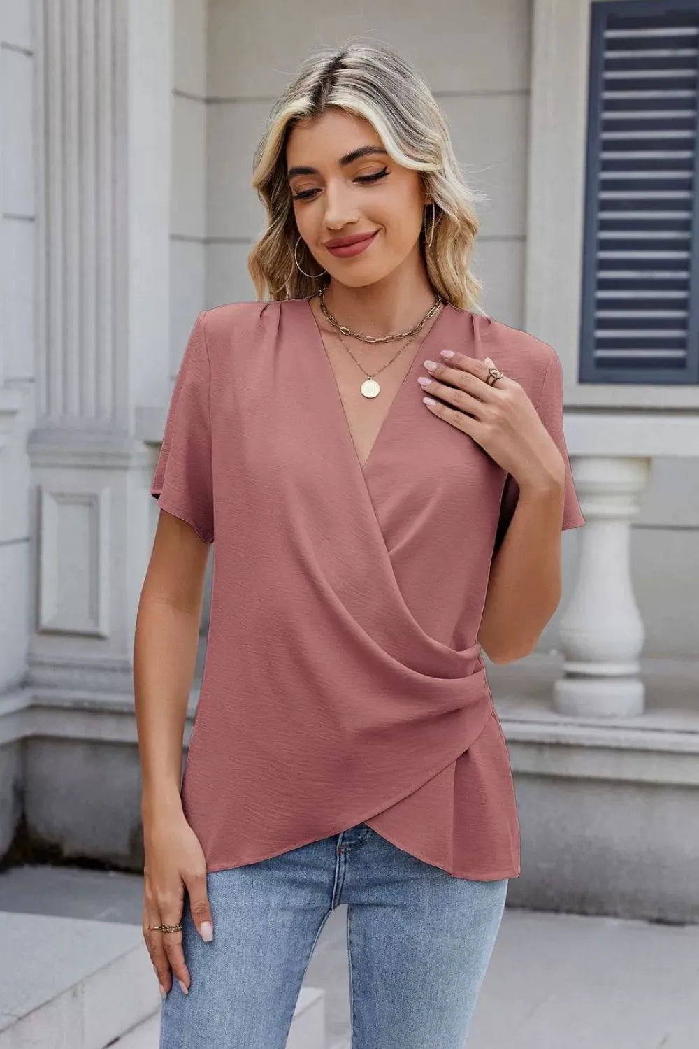Solid Color Surplice Short Sleeve Blouse