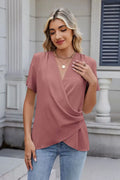 Solid Color Surplice Short Sleeve Blouse