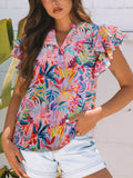 Tropical Floral Print Frilly Notched Neck Ruffled Short Sleeve Blouse