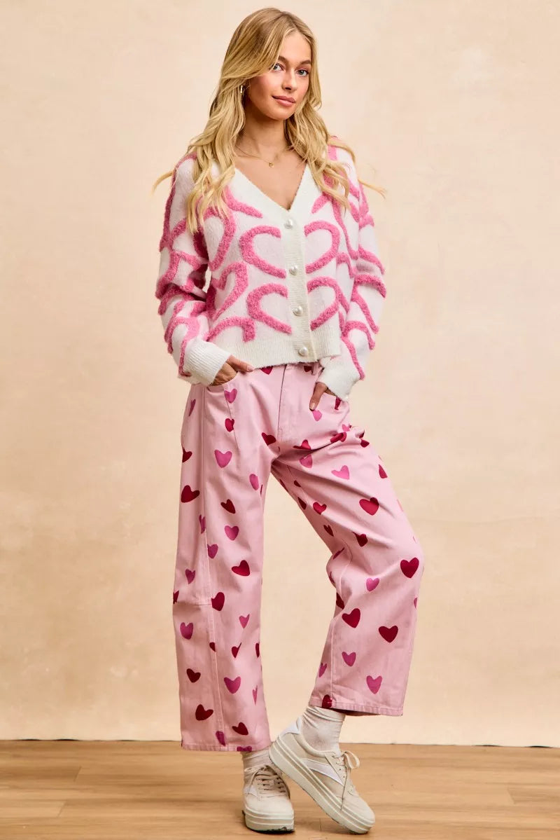BiBi Textured Heart Buttoned V Neck Cardigan