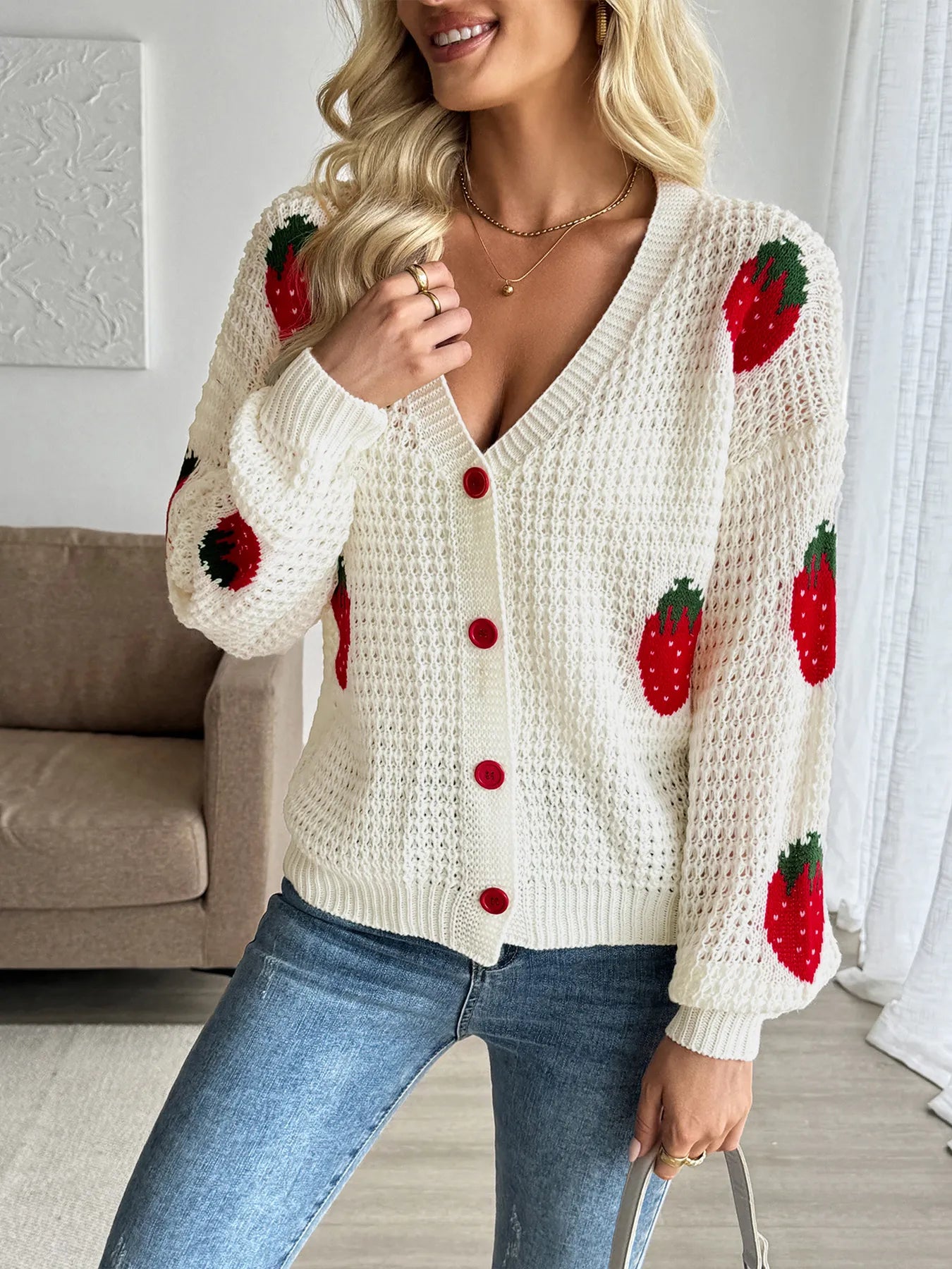 Strawberry Pattern V-Neck Button-Up Cardigan