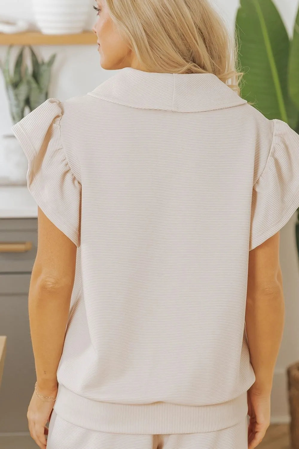 Textured Ruffled Sleeve Zipped Top and Wide Leg Pants Set