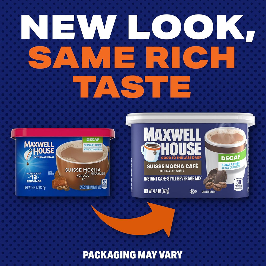 Maxwell House Instant Cafe-Style Beverage Mix, Decaf and Sugar Free, Easy to Prepare, 1 Canister, for Quick Morning Coffee or Afternoon Treat, Suisse Mocha Cafe, Kosher Dairy, 4.4 oz