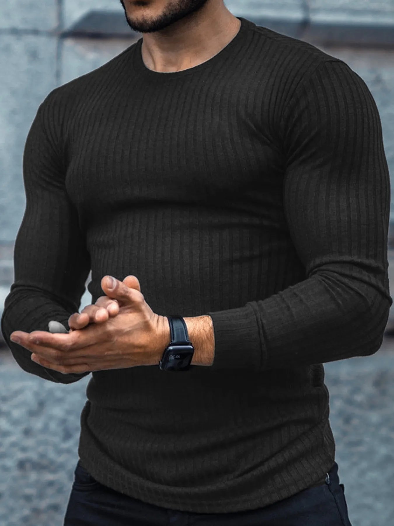 Men's Ribbed Round Neck Long Sleeve T-Shirt