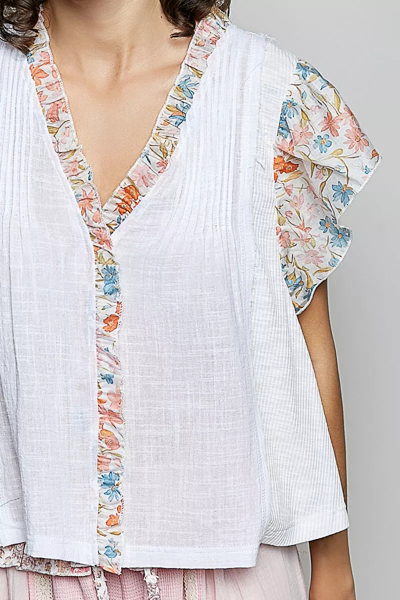 POL V-Neck Floral Ruffle Sleeve Blouse