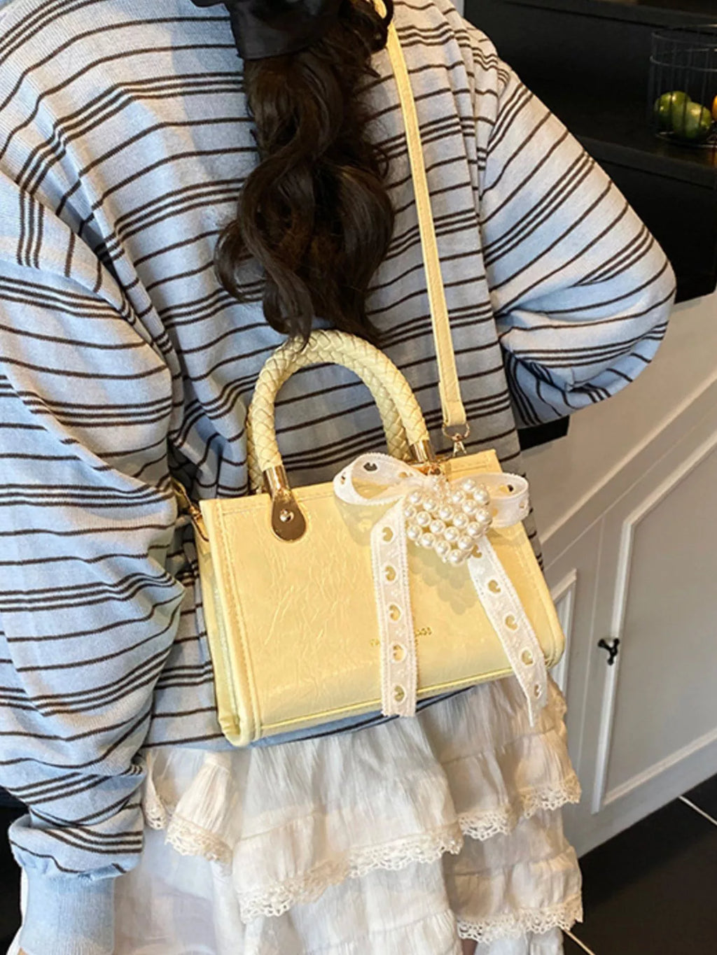 Braided Handle Pearl Decor Crossbody Bag