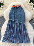 Full Size Striped Patchwork Denim Skirt Plus Size