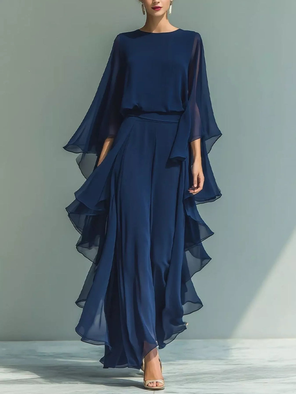 Ruffled Chiffon Long Sleeve Top and Pants Set
