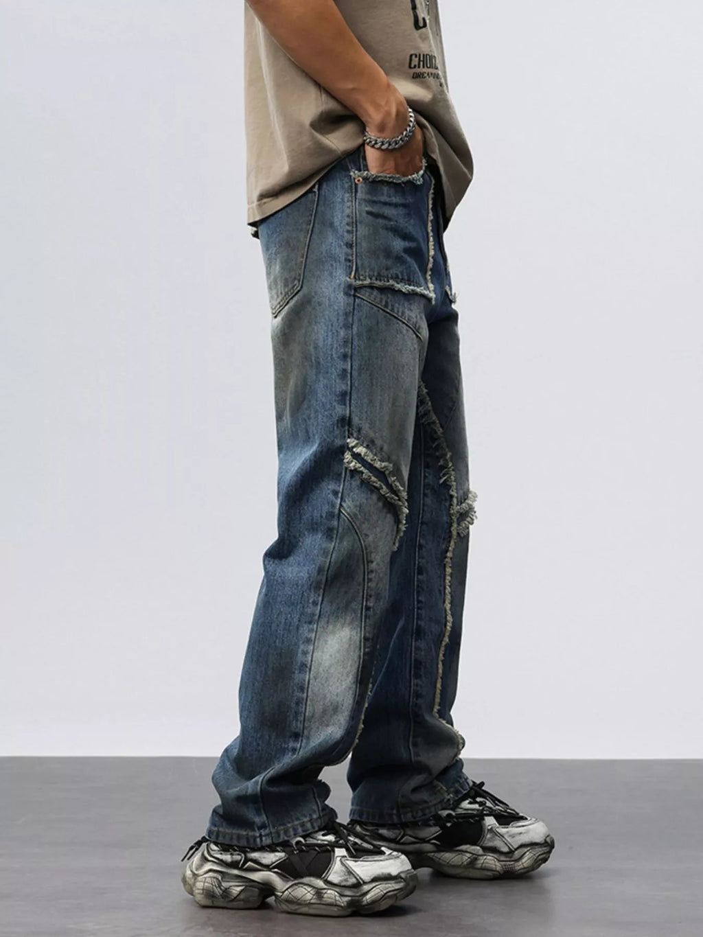 Men's Frayed Hem Wide Leg Jeans