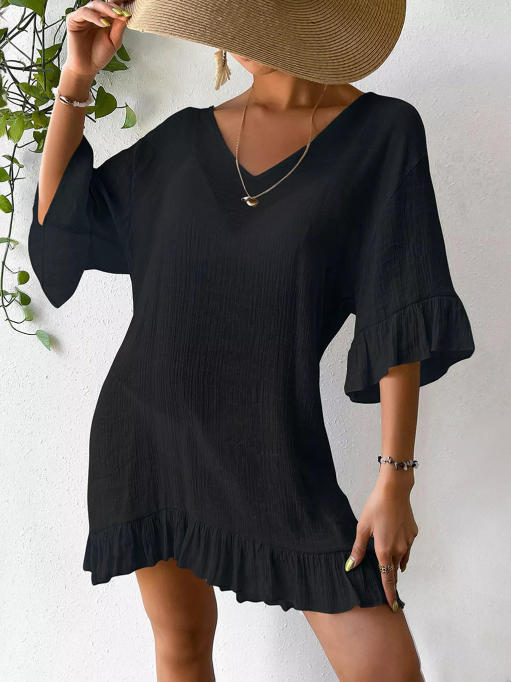 Ruffle Trim Butterfly Back V-Neck Cover-Up Dress