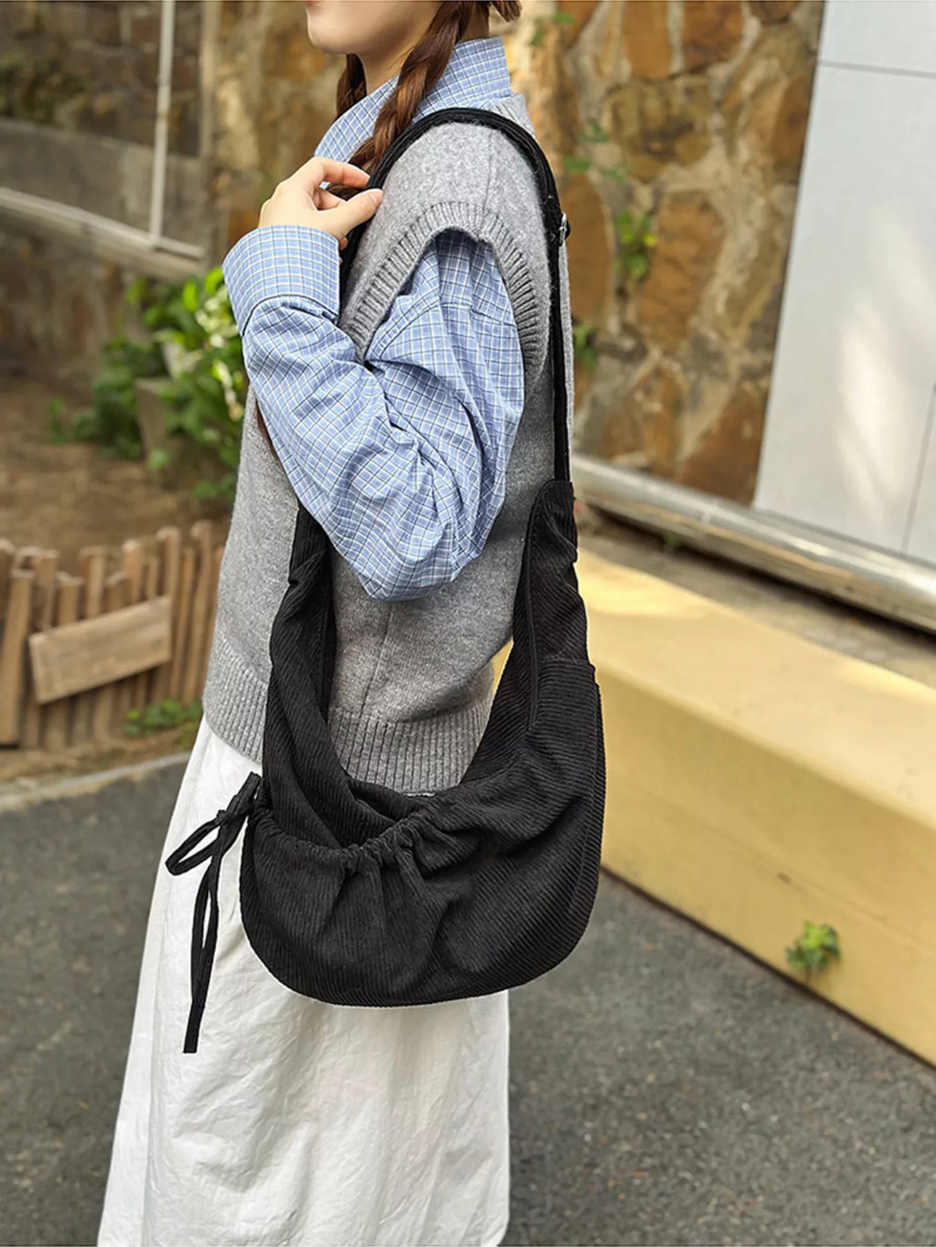 Corduroy Drawstring Crossbody Bag