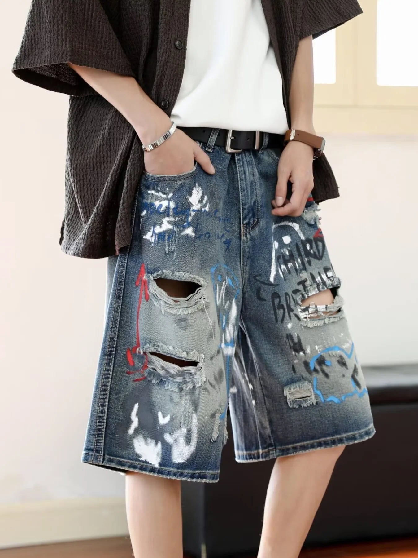 Men's Plus Size Distressed Loose Fit Denim Shorts