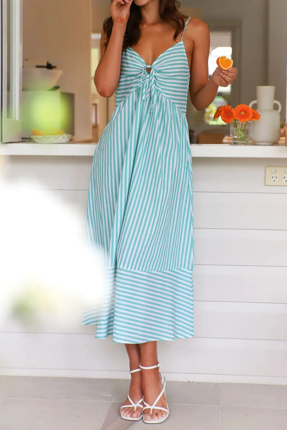 Smocked Back Striped Sleeveless Midi Dress