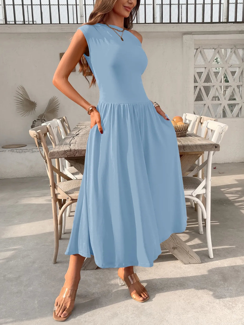 Single Shoulder Midi Dress with Pockets