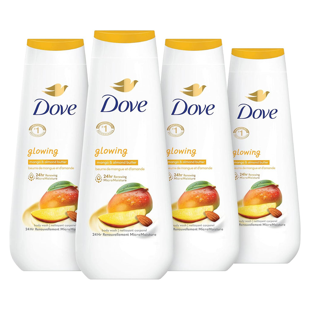 Dove Body Wash Glowing Mango & Almond Butter 4 Count for Renewed, Healthy-Looking Skin Gentle Skin Cleanser with 24hr Renewing MicroMoisture 20 oz
