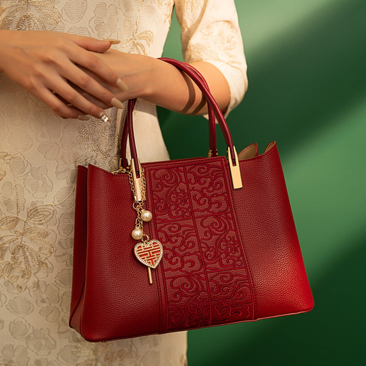 Embossed Leather Top Handle Handbag