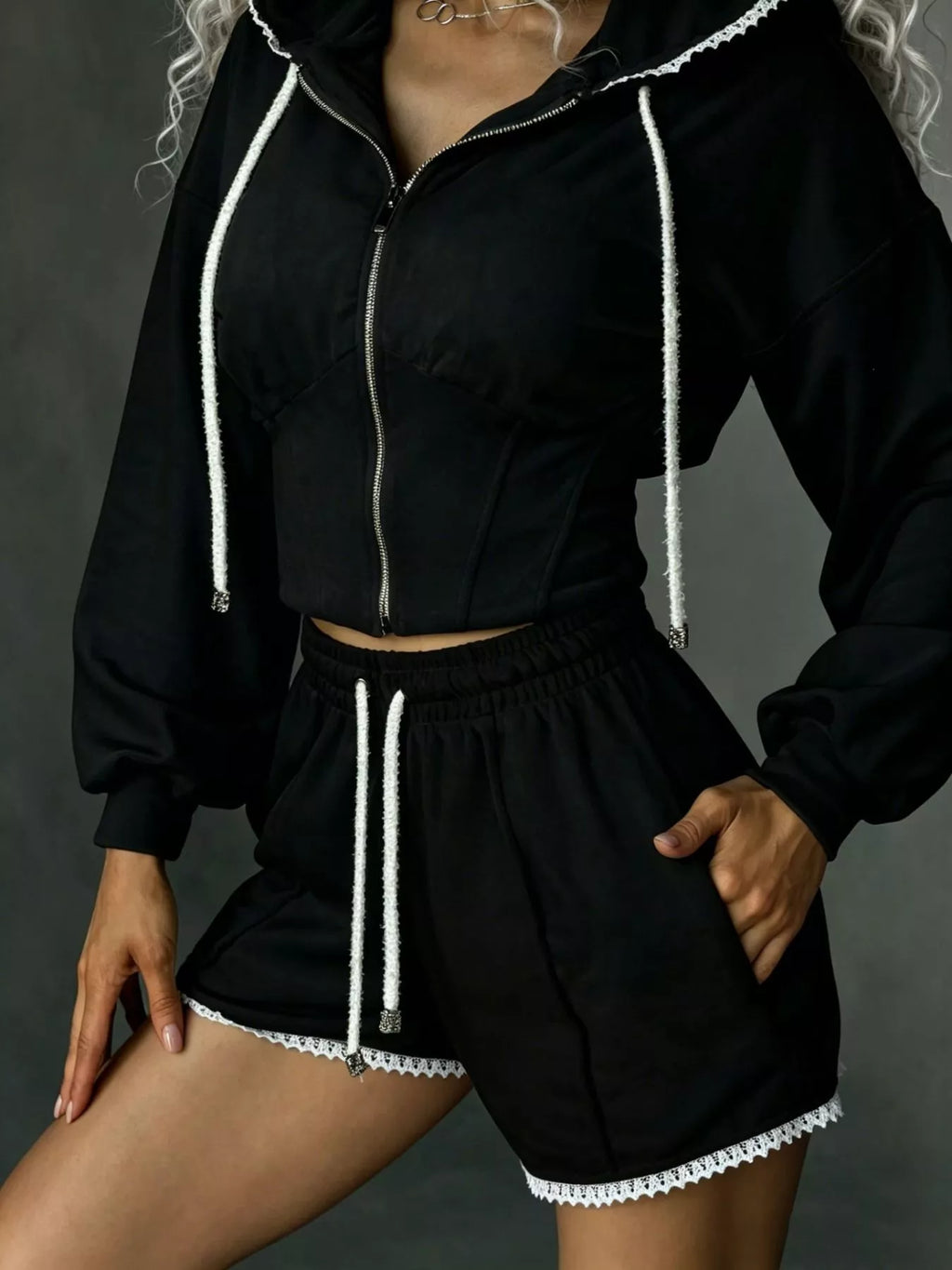 Zip Up Hooded Outerwear and Shorts Set