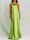 One-Shoulder Rhinestone Satin Maxi Dress