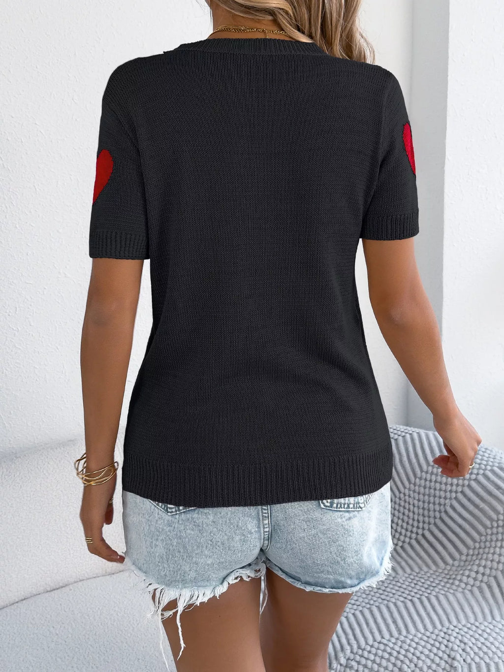 Heart Pattern Short Sleeve Knit Top