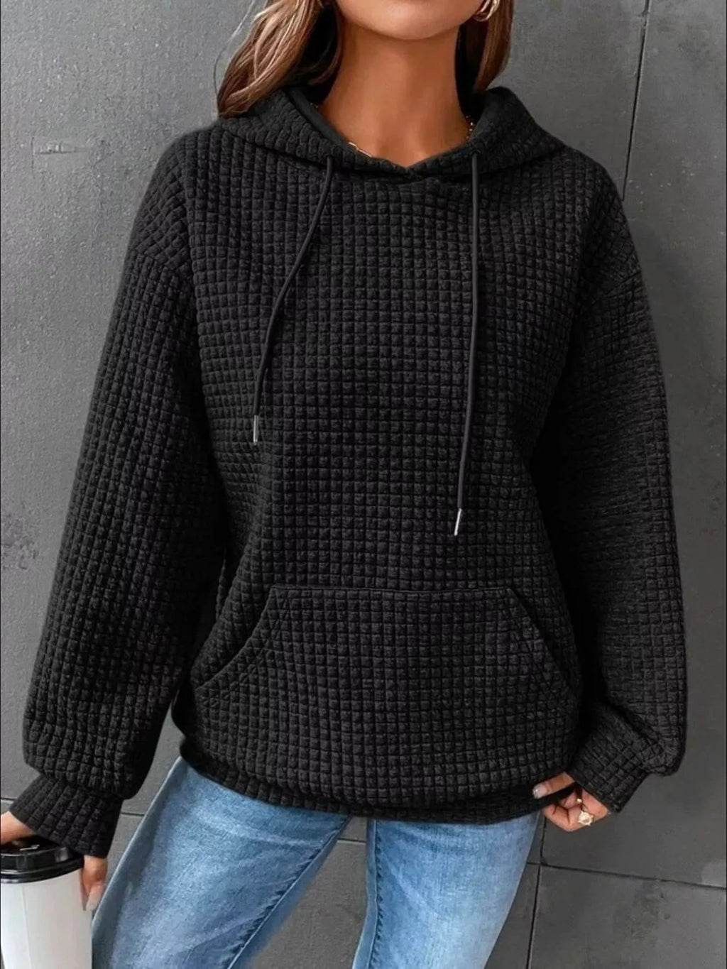 Waffle Knit Hoodie with Drawstring Details