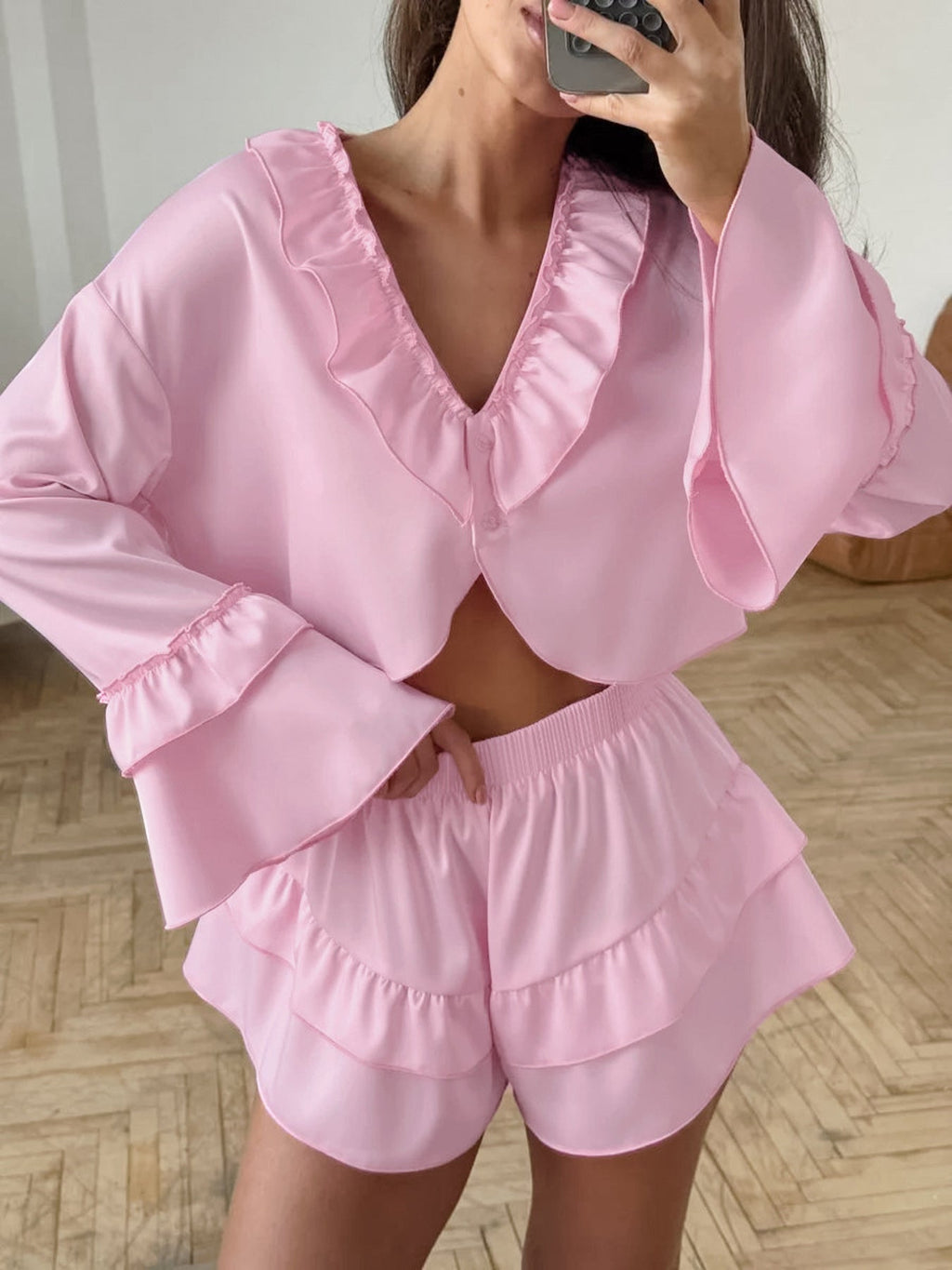 Ruffled V-Neck Top and Shorts Set