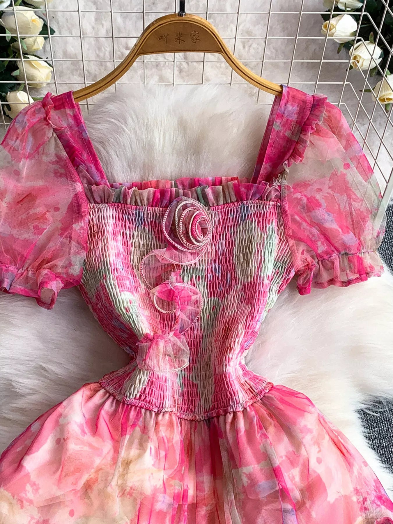 Smocked Floral Tiered Mesh Midi Dress