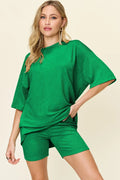 Double Take Full Size Texture Round Neck Drop Shoulder T-Shirt and Shorts Set