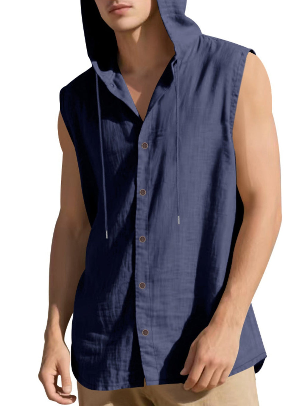 Men's Full Size Casual Sleeveless Hooded Button-Down Top Plus Size