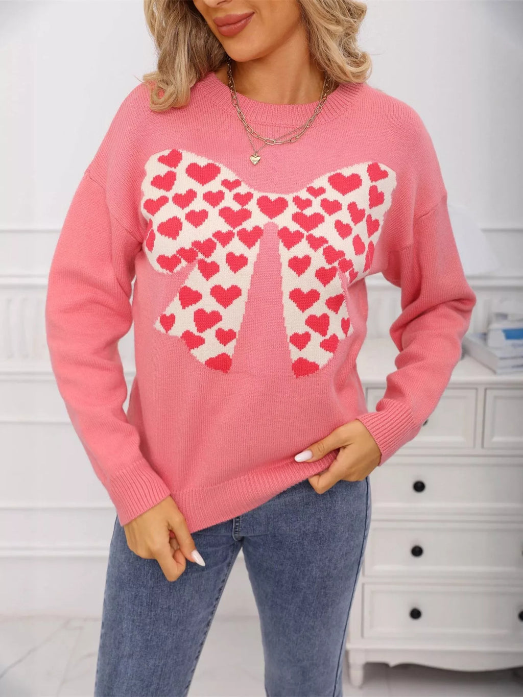 Valentine's Day Heart Bow Round Neck Sweater