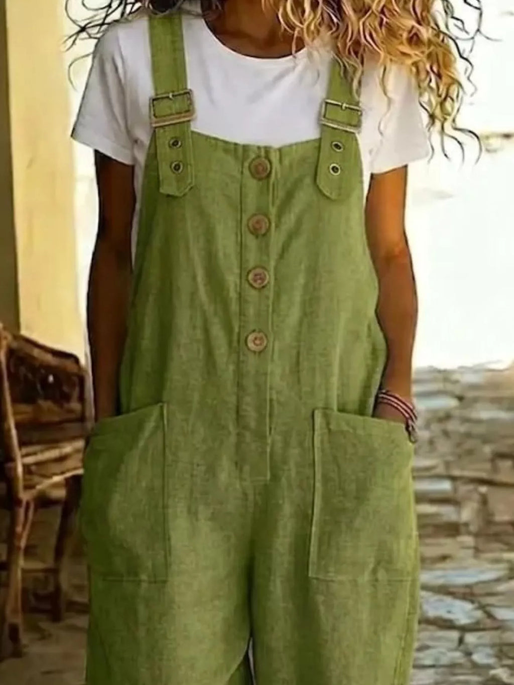 Casual Button Front Wide Leg Overalls