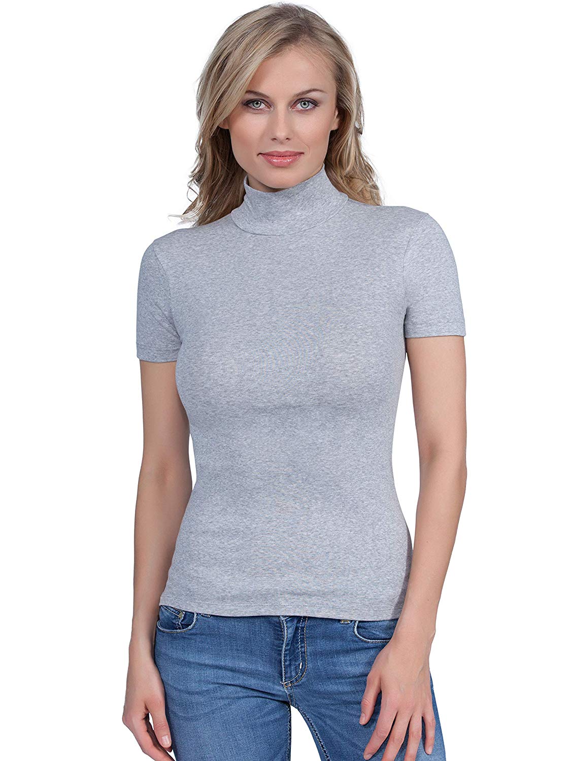 BASIC COTTON Free Spirit Premium Quality Cotton Women's Mock-Neck Short Sleeve Shirt Made in Italy (676)