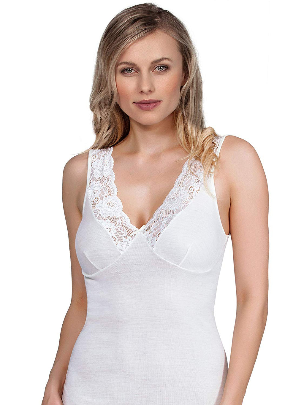 MaRe Luxury Merino Wool Blend V-Neck Top with Lace Trim. Proudly Made in Italy.