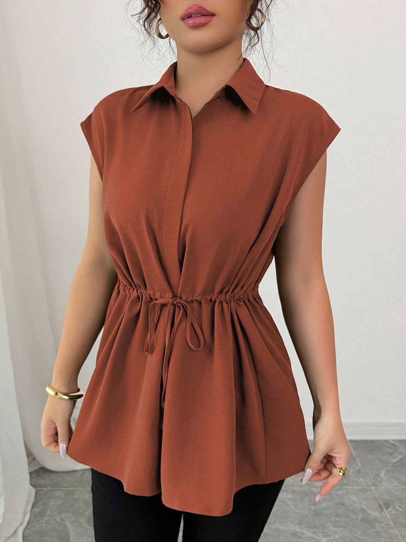 Drawstring Waist Cap Sleeve Shirt
