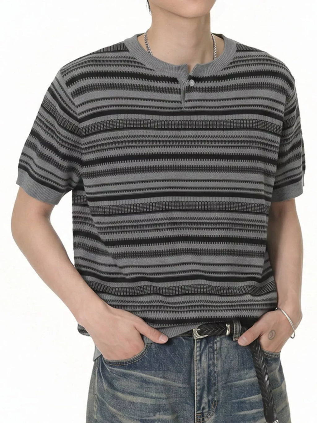 Men's Striped Knit Henley T-Shirt