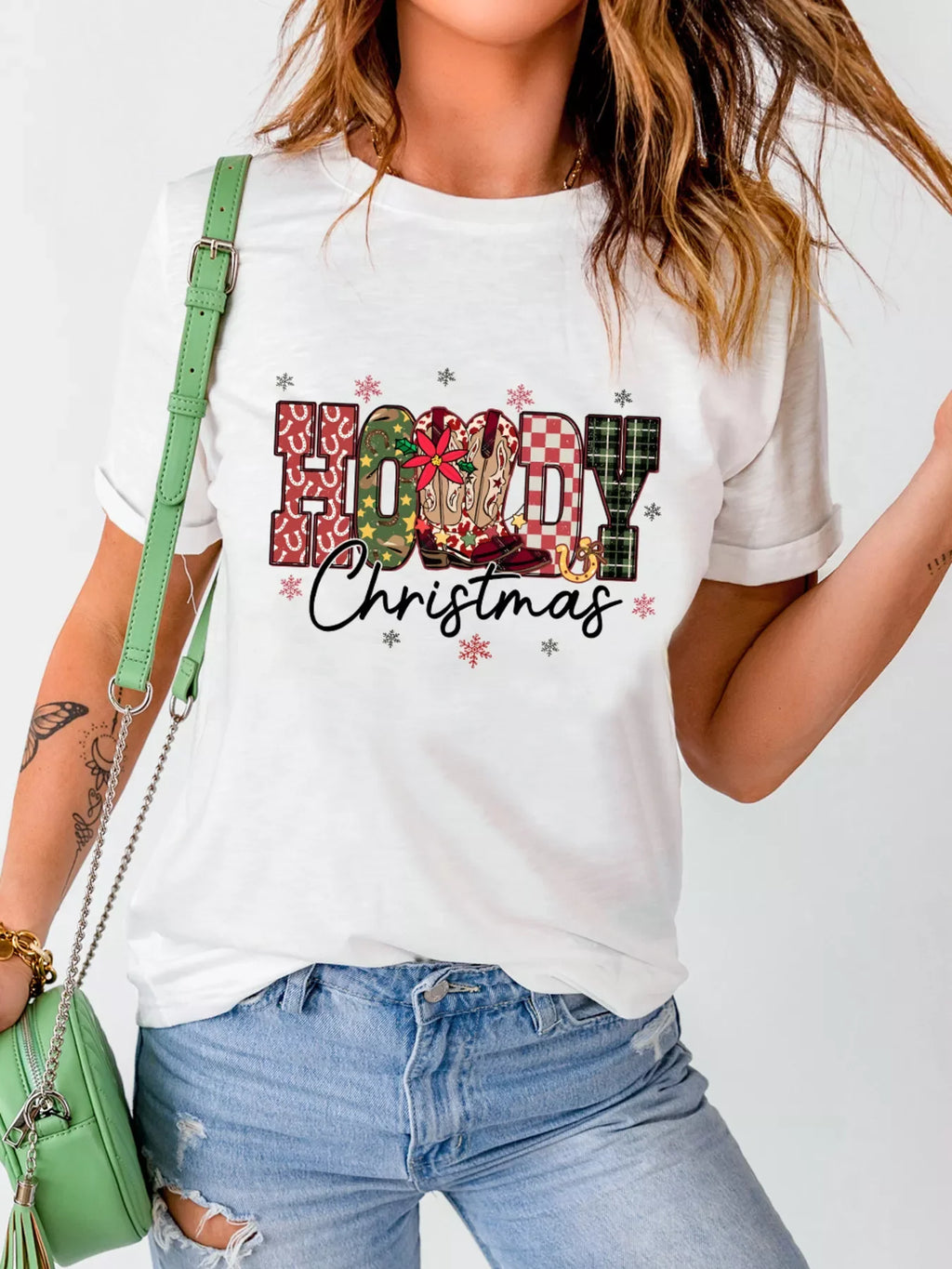 HOWDY Christmas Festive Letter Printed Crew Neck T Shirt