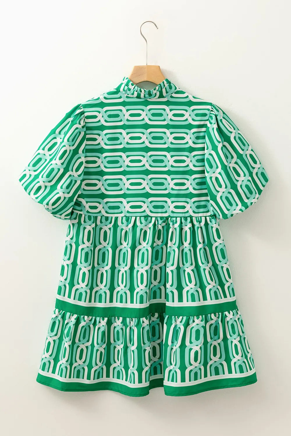 Abstract Patterned V Neck Puff Short Sleeve Mini Dress