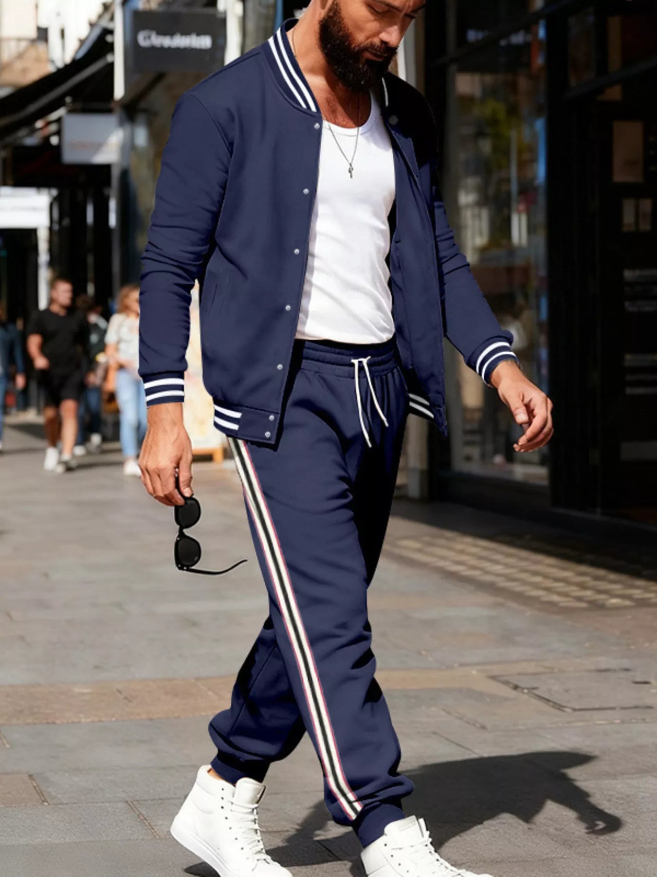 Men's Full Size Striped Snap Down Top and Pants Set Plus Size