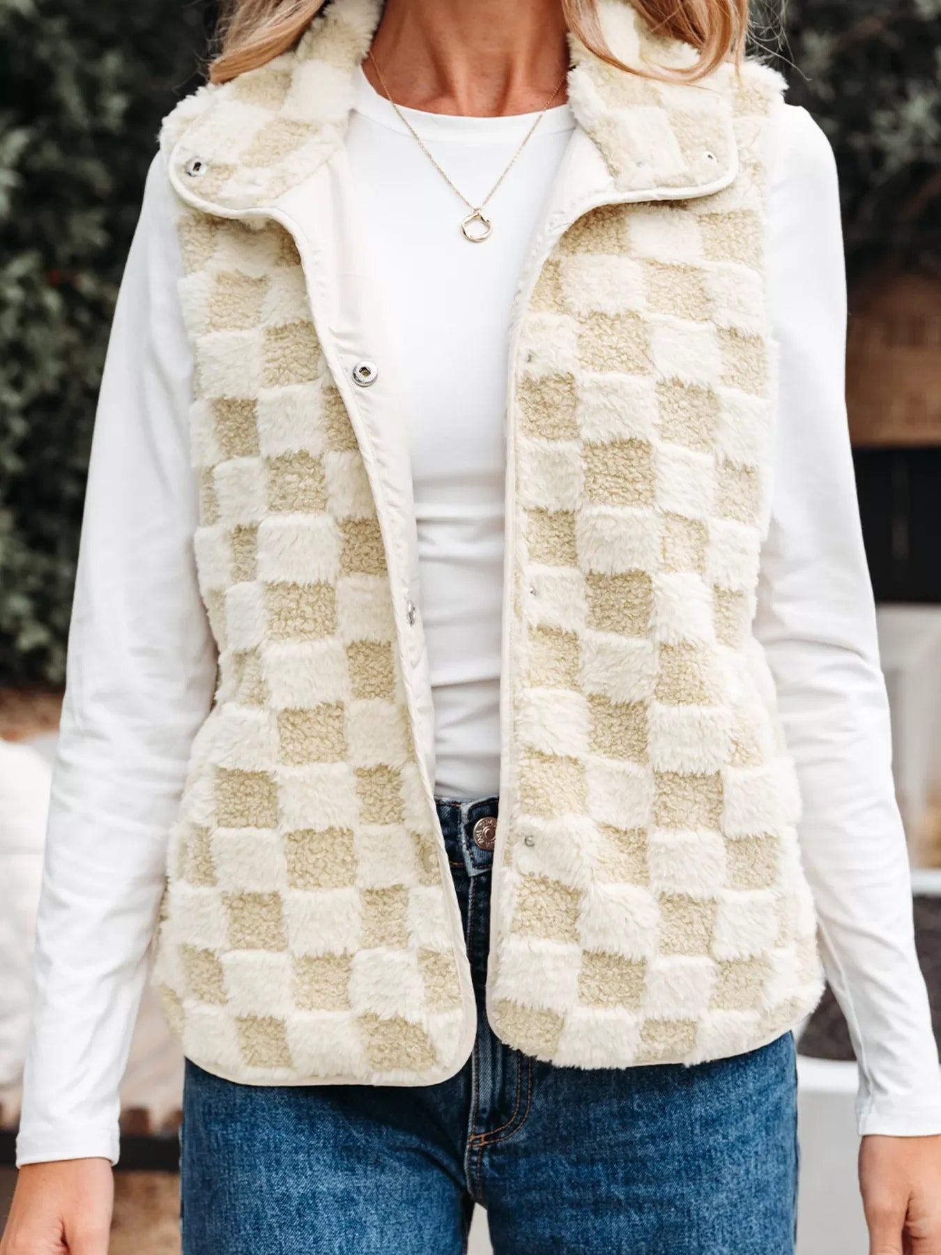 Sherpa Checkerboard Snap Button Vest Coat with Pocket