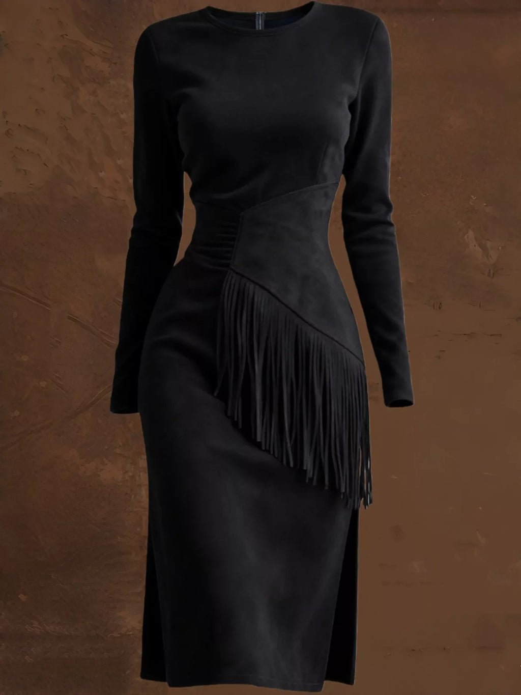 Suede Fringe Long Sleeve Midi Dress