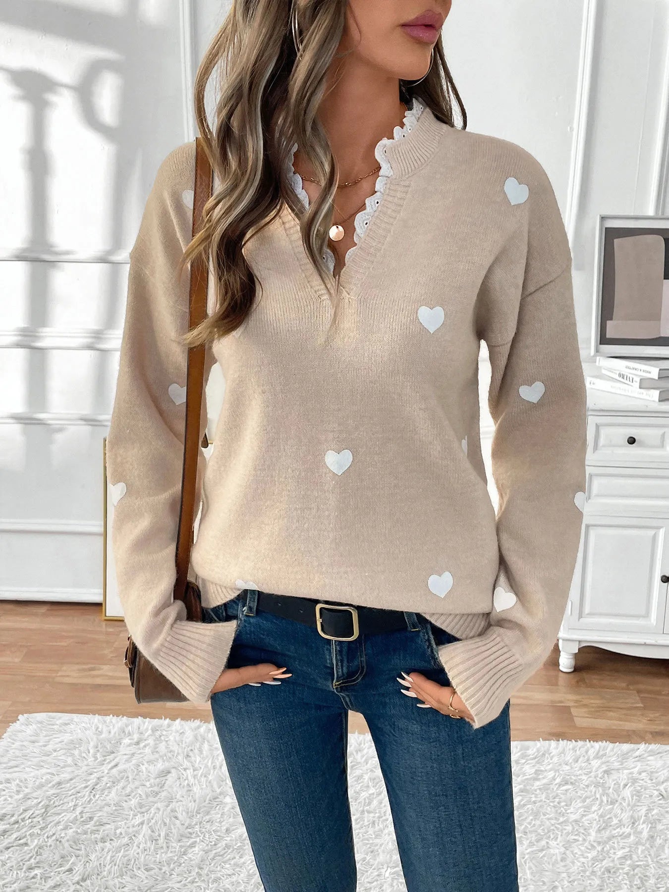 Heart V-Neck Long Sleeve Sweater