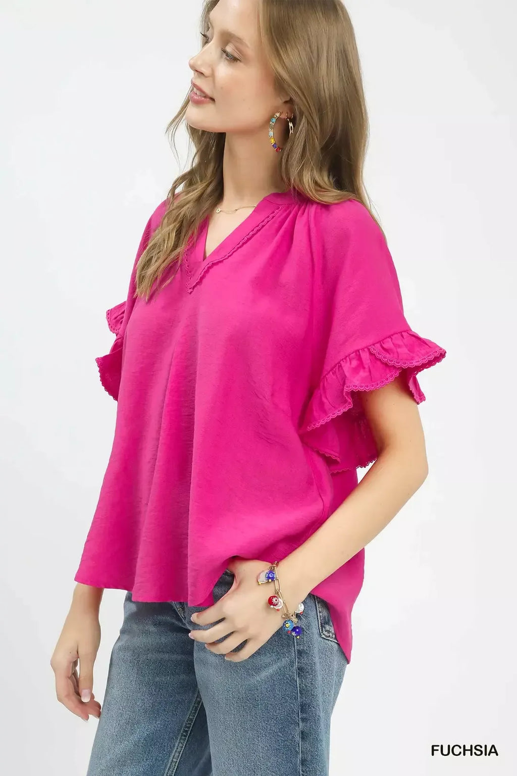 Umgee Ruffle Sleeve V-Neck Flutter Blouse