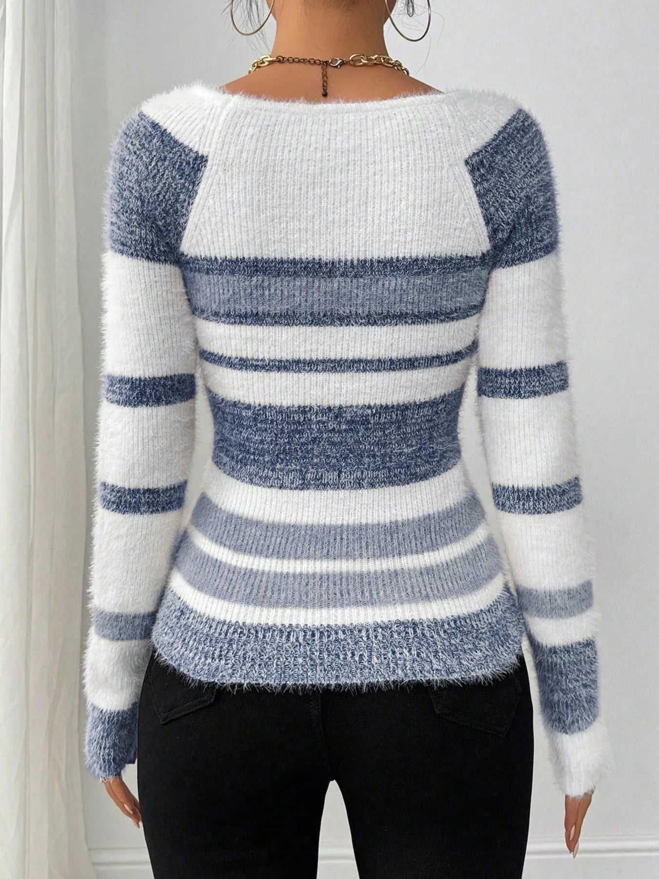 Striped Fuzzy Long Sleeve Sweater