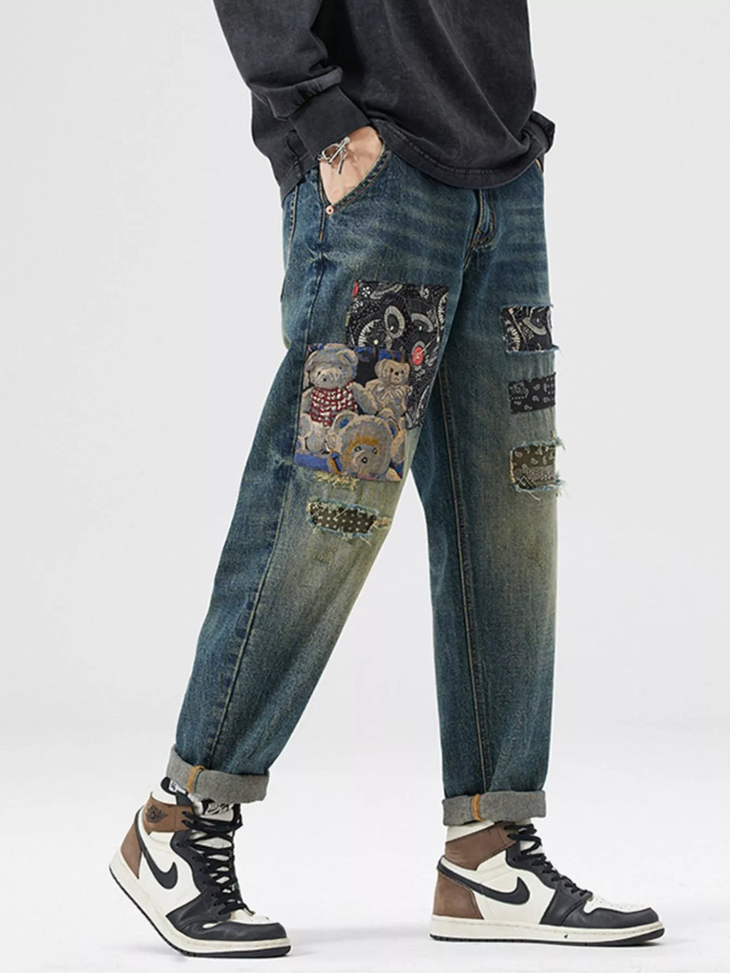 Men's Patchwork Ripped Loose Fit Jeans