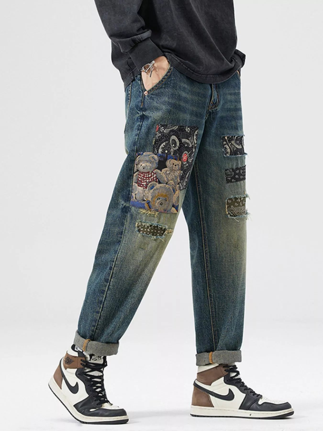 Men's Patchwork Ripped Loose Fit Jeans