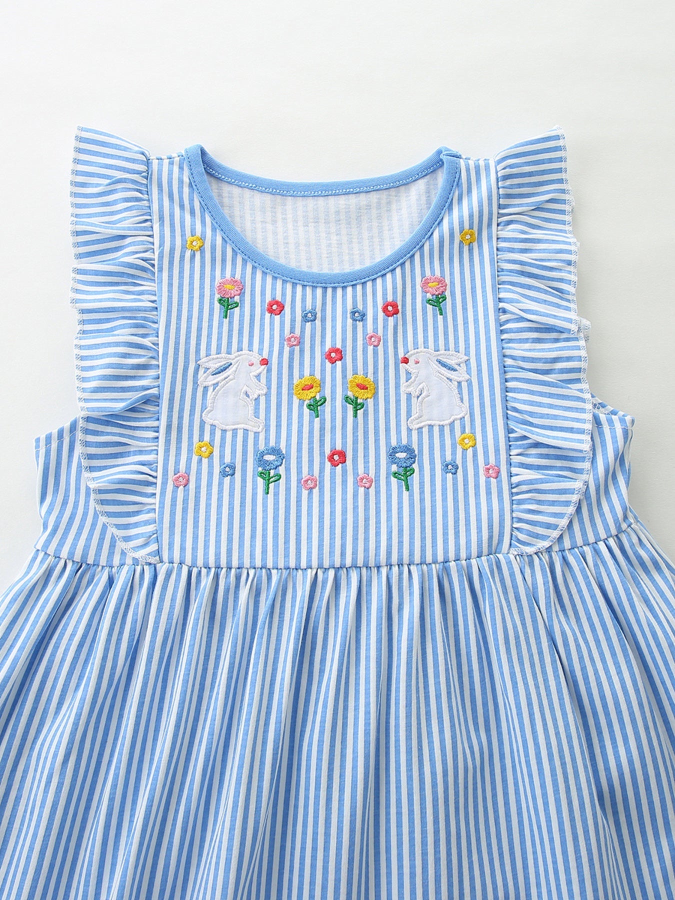Children's Striped Bunny Embroidered Ruffle Sleeve Dress