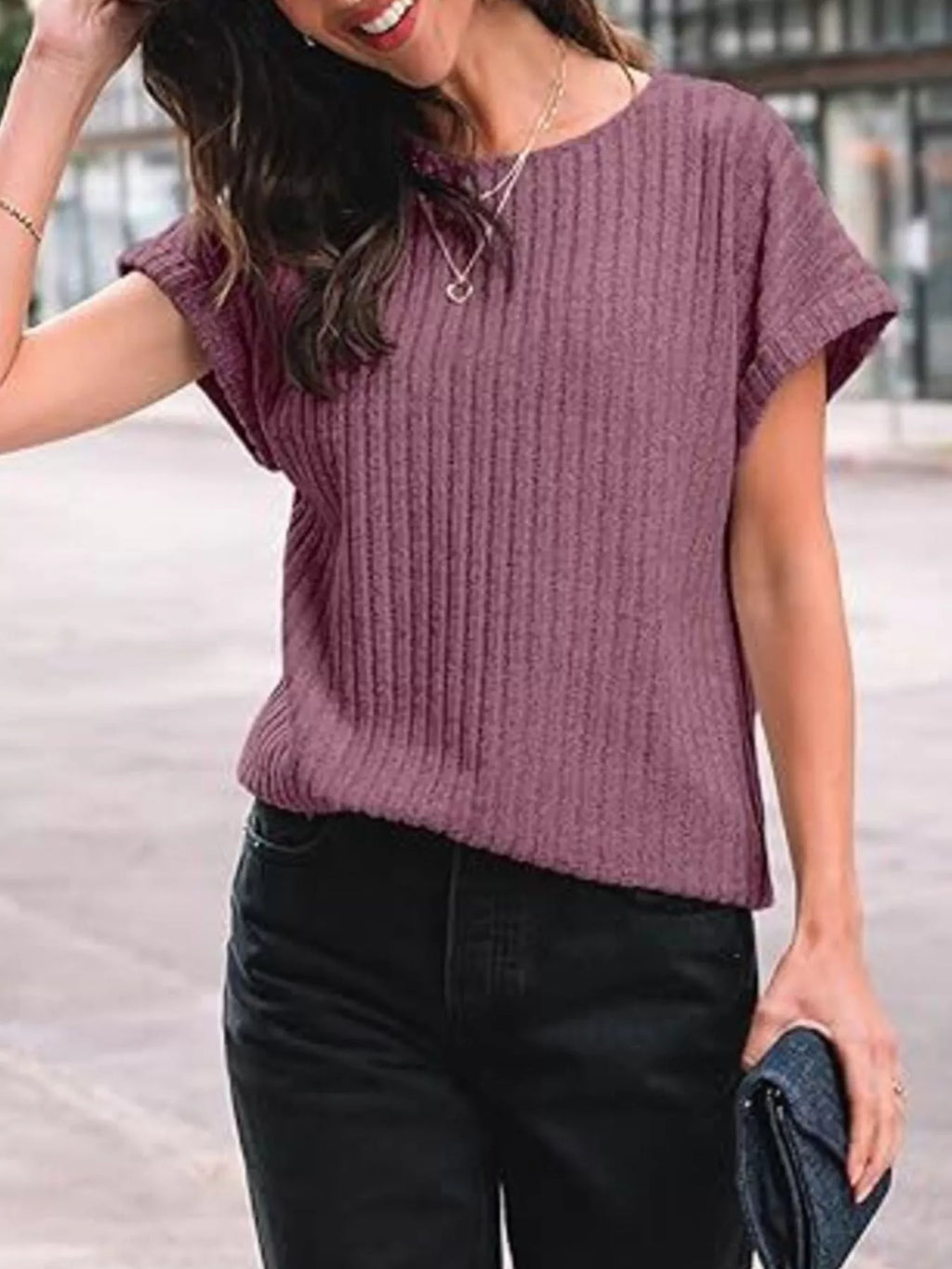 Casual Ribbed Knit Short Sleeve T-Shirt
