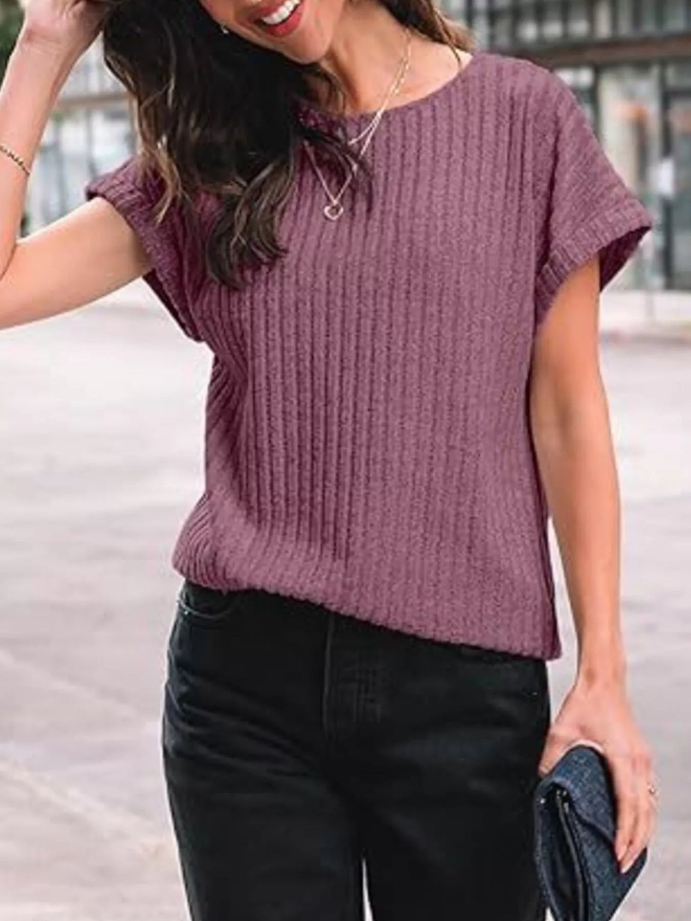 Casual Ribbed Knit Short Sleeve T-Shirt